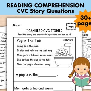 Reading Comprehension Worksheets, CVC Sentences for Kindergarten and First Grade, Stories with Questions, Kindergarten-1st Grade ELA Phonics