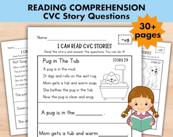 Reading Comprehension Worksheets, CVC Sentences for Kindergarten and First Grade, Stories with Questions, Kindergarten-1st Grade ELA Phonics