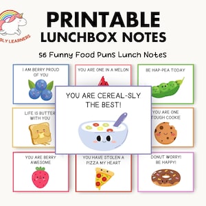 Grappige lunchbox notitiekaart, grappige grappen over eten woordspelingen, afdrukbare lunch notitiekaart voor kind, terug naar school motivatie aanmoedigingskaart afbeelding 1