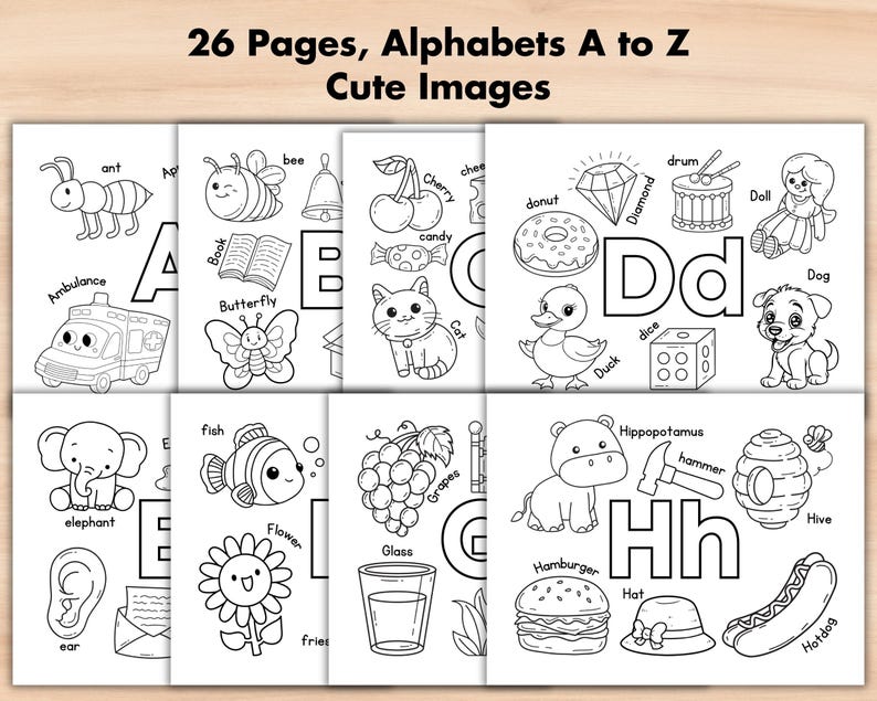 K&ouml;nnte beinhalten: Schwarz-wei&szlig;-Malvorlagen mit dem Alphabet von A bis Z und dazugeh&ouml;rigen Illustrationen. Jede Seite enth&auml;lt einen gro&szlig;en Buchstaben, ein Wort und ein Bild zum Ausmalen.