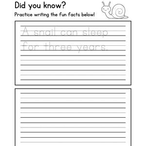 K&ouml;nnte beinhalten: Ein schwarz-wei&szlig;es Arbeitsblatt mit dem Text "Did you know?" und "Practice writing the fun facts below!"  Oben auf der Seite befindet sich eine Schneckenillustration. Das Arbeitsblatt hat linierte Felder zum Schreiben des Satzes "A snail can sleep for three years."