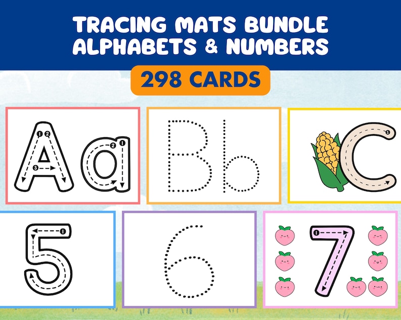 May include: A set of 298 tracing cards for learning the alphabet and numbers. The cards feature dotted lines for tracing letters and numbers, with examples of the letters A, a, B, b, C, 5, 6, and 7.