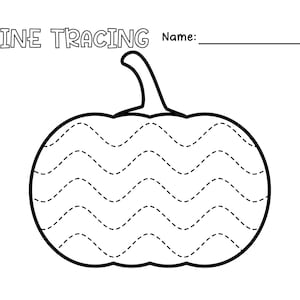 May include: Black and white line tracing worksheet featuring a pumpkin with a wavy line pattern. The worksheet has the text "LINE TRACING" and "Name:" at the top.
