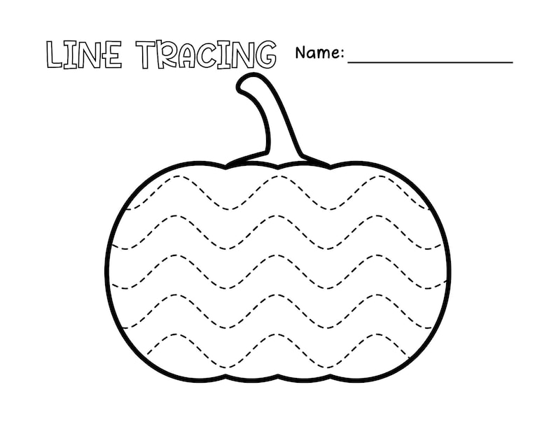 May include: Black and white line tracing worksheet featuring a pumpkin with a wavy line pattern. The worksheet has the text "LINE TRACING" and "Name:" at the top.