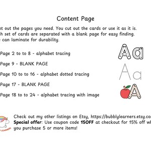 May include: Printable alphabet tracing worksheets for kids. Includes pages for tracing letters, dotted tracing, and tracing with images.  The image shows a sample page with the letter A in uppercase and lowercase.