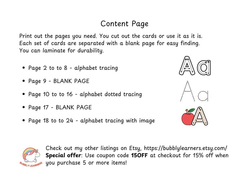 May include: Printable alphabet tracing worksheets for kids. Includes pages for tracing letters, dotted tracing, and tracing with images.  The image shows a sample page with the letter A in uppercase and lowercase.