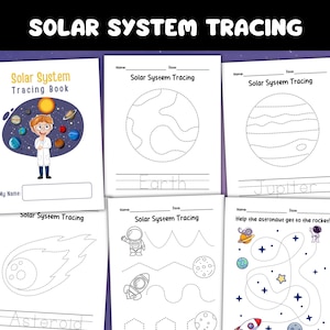 Puede incluir: Un libro de trazado del sistema solar para niños, imprimible en blanco y negro. El libro incluye actividades de trazado para planetas, asteroides y un astronauta. El libro tiene el título "Solar System Tracing Book" e incluye las palabras "Earth", "Jupiter" y "Asteroid".