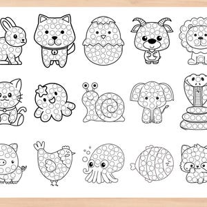 May include: A printable worksheet with 12 black and white images of animals, each with a dotted outline. The animals include a rabbit, cat, dog, octopus, snail, elephant, snake, pig, chicken, fish, and a raccoon. The worksheet is designed for children to color in the dots and create their own colorful animal pictures.