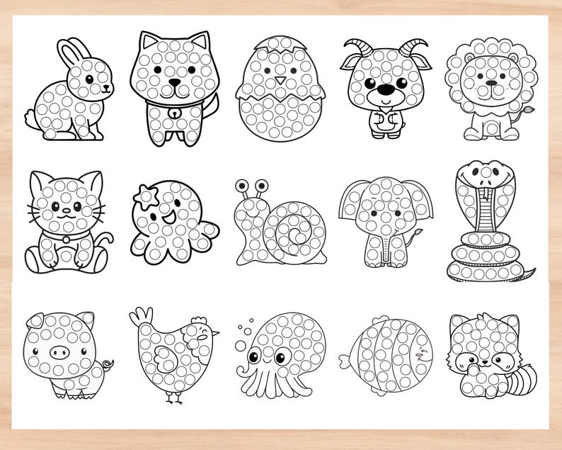 May include: A printable worksheet with 12 black and white images of animals, each with a dotted outline. The animals include a rabbit, cat, dog, octopus, snail, elephant, snake, pig, chicken, fish, and a raccoon. The worksheet is designed for children to color in the dots and create their own colorful animal pictures.