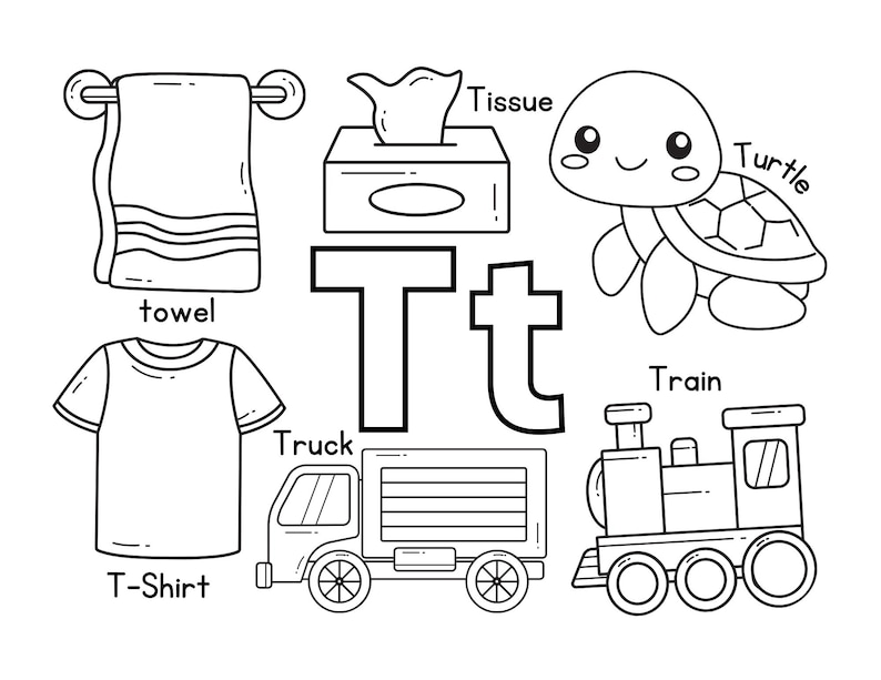 K&ouml;nnte beinhalten: Schwarz-wei&szlig;-Illustration des Buchstabens T mit verschiedenen Objekten, die mit dem Buchstaben T beginnen, darunter ein Handtuch, eine Taschentuchbox, eine Schildkr&ouml;te, ein T-Shirt, ein LKW und ein Zug.