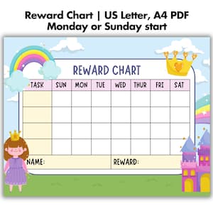 May include: A printable reward chart with a princess theme. The chart features a rainbow, a crown, and a castle. It includes spaces for a child's name, a task, and a reward. The days of the week are listed across the top: Sun, Mon, Tue, Wed, Thur, Fri, Sat.