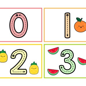 May include: Four colorful cards with numbers 0, 1, 2, and 3. Each card has a dotted line for tracing the number and a cute fruit illustration. The card with 0 has a pink orange, the card with 1 has a yellow orange, the card with 2 has two yellow pineapples, and the card with 3 has three red watermelons.