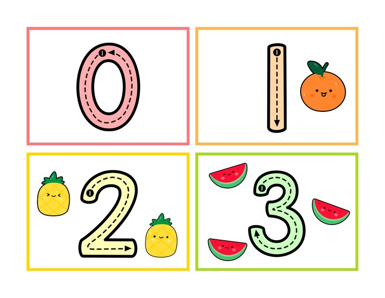 May include: Four colorful cards with numbers 0, 1, 2, and 3. Each card has a dotted line for tracing the number and a cute fruit illustration. The card with 0 has a pink orange, the card with 1 has a yellow orange, the card with 2 has two yellow pineapples, and the card with 3 has three red watermelons.