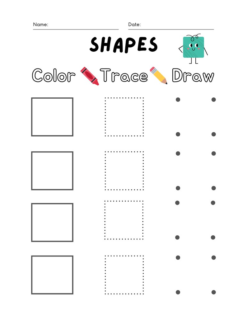 May include: A white worksheet with the title "SHAPES" in black letters. The worksheet has sections for coloring, tracing, and drawing squares. There are also illustrations of a crayon, a pencil, and a cartoon square.
