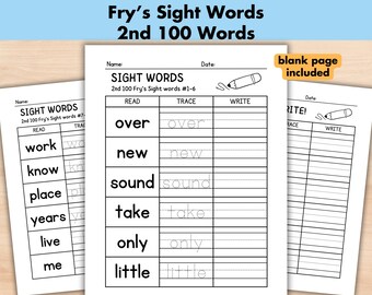 100 Printable Sight Words, 2nd 100 Fry Sight Words, Kindergarten Sight Word Worksheets, 1st-3rd Grade ELA Spelling, Homeschool Activities