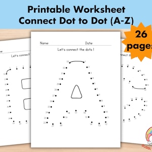 May include: A printable worksheet with 26 pages of connect-the-dots activities. Each page features a different letter of the alphabet, with dots numbered 1 to 44. The worksheet is designed for children to practice their fine motor skills and letter recognition.