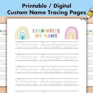 Puede incluir: Hoja de trabajo de trazado de nombres imprimible con un diseño de arcoíris. La hoja de trabajo tiene el texto "Puedo escribir mi nombre" y el nombre "Olivia Anderson" escrito varias veces con líneas punteadas para trazar.