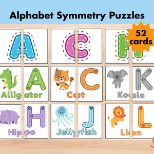 Pode incluir: Quebra-cabeças de simetria do alfabeto com 52 cartas. A imagem mostra cartões de quebra-cabeça coloridos com as letras A, C, E, G, K, H, J e L. Cada letra é dividida em duas partes. Os cartões também apresentam ilustrações de um jacaré, um gato, um coala, um hipopótamo, uma água-viva e um leão.