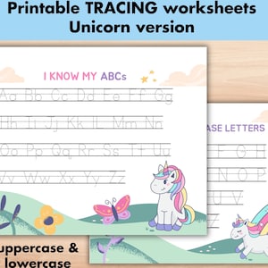 Unicorn Alphabet Tracing Sheets Handwriting Practice, Preschool Uppercase Lowercase Digital Printable ABC Worksheets, Alphabets Trace ABC