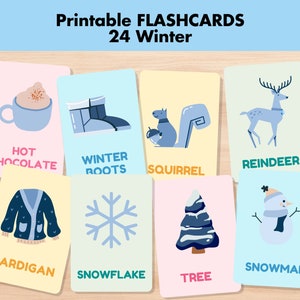 24 tarjetas didácticas de invierno, tarjetas de vocabulario invernal sobre la naturaleza, tarjetas didácticas Montessori imprimibles, actividad preescolar sobre las estaciones, actividades educativas para la vuelta al cole.