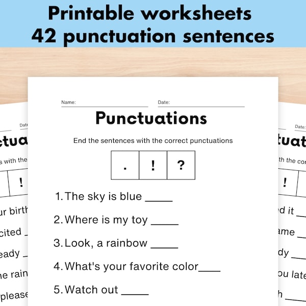 42 Punctuation worksheets, Preschool Printable Workbook, Punctuation Marks Practice Pages, Punctuation Sentences, Homeschool Kindergarten