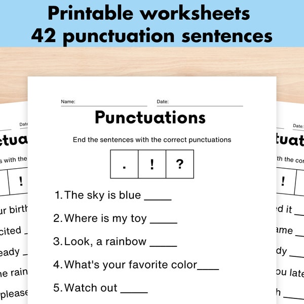 42 Punctuation worksheets, Preschool Printable Workbook, Punctuation Marks Practice Pages, Punctuation Sentences, Homeschool Kindergarten