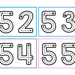 May include: A set of four printable tracing cards featuring the numbers 5, 2, 3, and 4. Each number is outlined with a dashed line and arrows indicate the direction to trace.