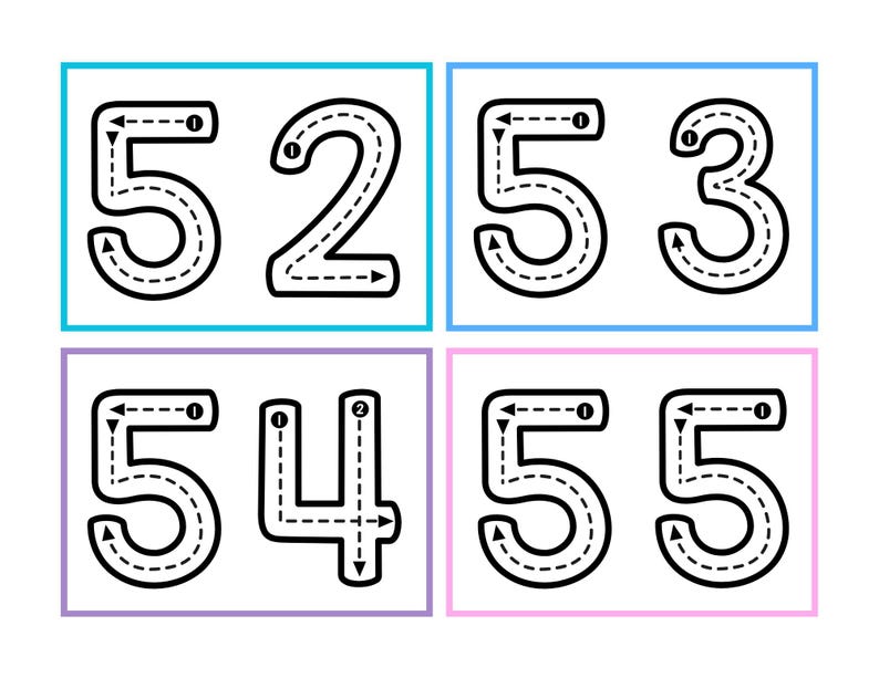 May include: A set of four printable tracing cards featuring the numbers 5, 2, 3, and 4. Each number is outlined with a dashed line and arrows indicate the direction to trace.