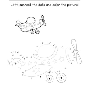 May include: A black and white connect-the-dots activity for kids featuring a cartoon airplane with stars. The numbers 1 through 45 are scattered around the image.