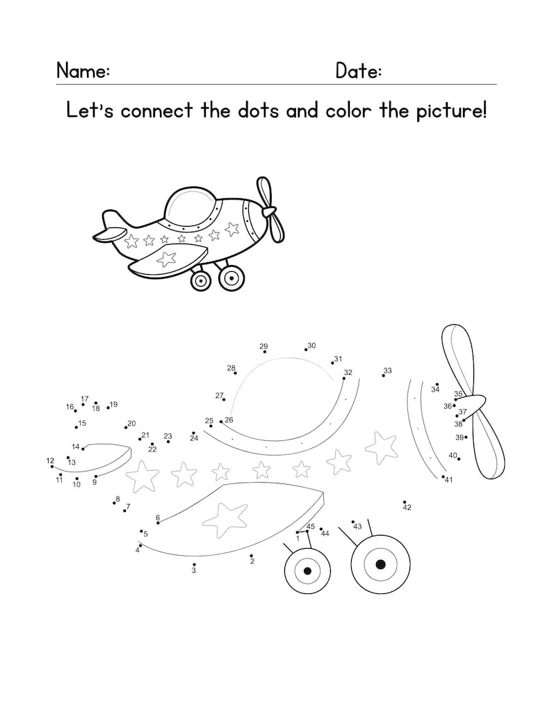May include: A black and white connect-the-dots activity for kids featuring a cartoon airplane with stars. The numbers 1 through 45 are scattered around the image.
