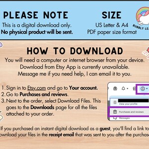 May include: A digital download guide with instructions on how to download files from Etsy. The guide includes text, illustrations, and a screenshot. The size is US Letter & A4 PDF paper size format.