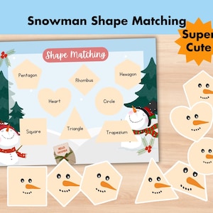 Snowman Shapes Matching Activity, Shapes Sorting Game, Printable Preschool Montessori Math, Christmas Busy Book, Winter Homeschool Learning