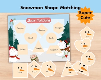 Snowman Shapes Matching Activity, Shapes Sorting Game, Printable Preschool Montessori Math, Christmas Busy Book, Winter Homeschool Learning
