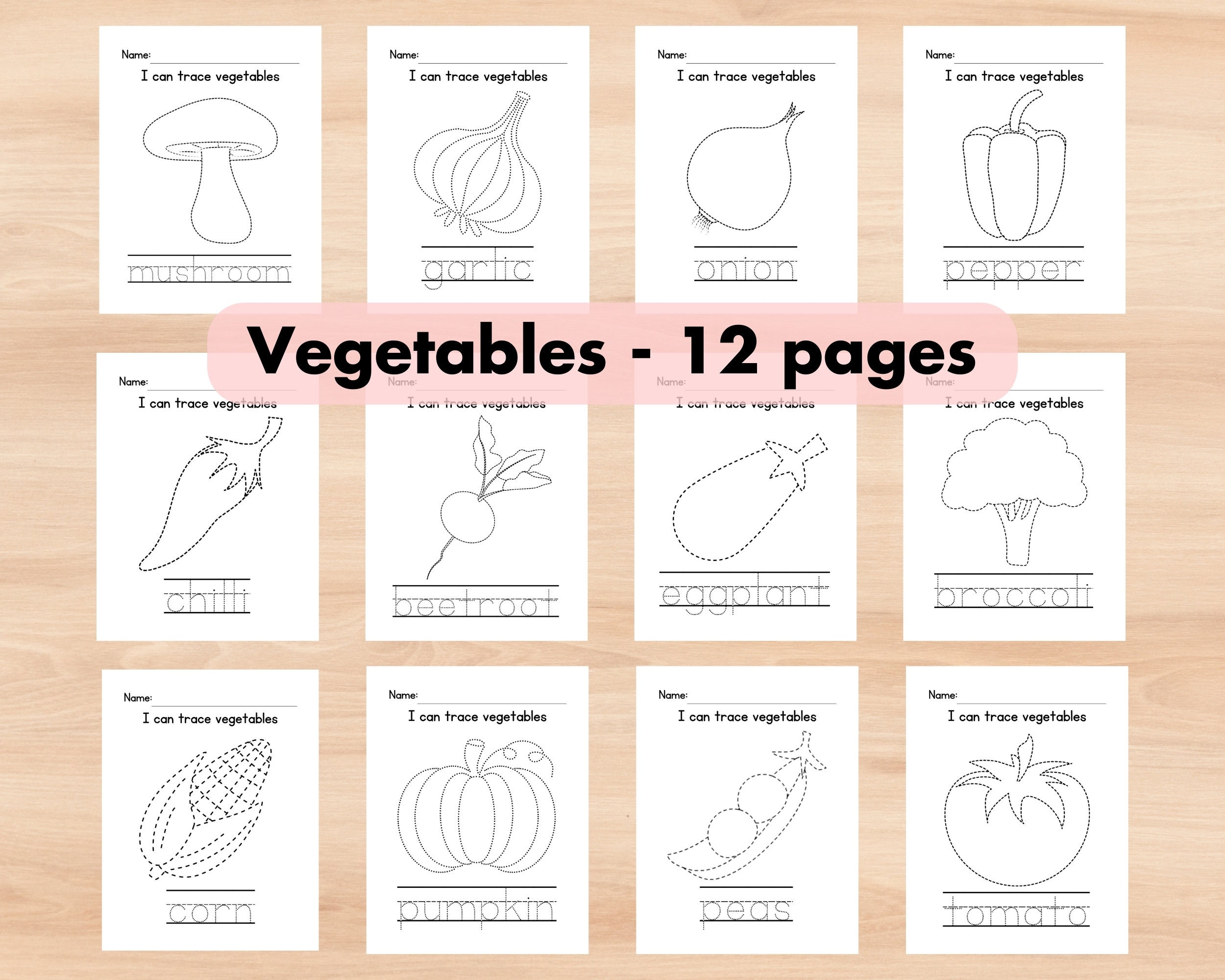 Preschool Fruits Vegetables Tracing Worksheets,trace Pages Printable