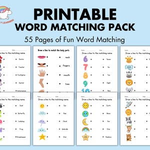May include: A printable pack of 55 word matching worksheets for kids. Each worksheet features a colorful illustration and a list of words to match. The worksheets are designed to help children learn new vocabulary and improve their matching skills.