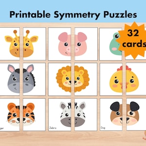 Jogo de correspondência de 32 animais para crianças, quebra-cabeça de simetria, cartão de imagem de correspondência, zoológico de safári de fazenda, flashcards Montessori para crianças em idade pré-escolar para impressão