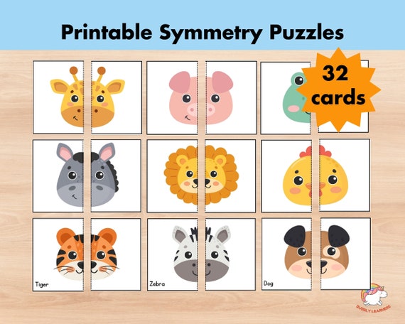 32 Animals Matching Game For Kids, Symmetry Puzzle, Match Picture Card, Farm Safari Zoo, Printable Toddler Preschool Montessori Flashcards