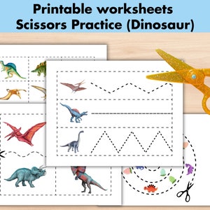Dinosaur Scissors Strips Cutting Practice Sheets, Printable Preschool Shapes Lines Worksheets, Homeschool Kindergarten Pre-k Activities