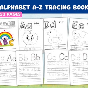 Puede incluir: Un libro de trazado del alfabeto en blanco y negro con 53 páginas. La portada presenta un arcoíris con letras A, B y C de dibujos animados. Las páginas interiores tienen líneas punteadas para trazar letras y palabras. El libro incluye imágenes de una manzana, un pato y un elefante.
