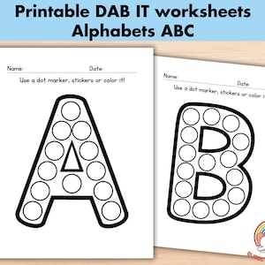 Páginas para colorear con marcadores de puntos, actividad de puntos, hojas de trabajo imprimibles con el alfabeto, hojas de práctica con el abecedario en mayúsculas para libros de preescolar.