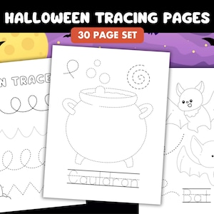 May include: A set of 30 printable Halloween tracing pages for kids. The pages feature various Halloween-themed images, such as a cauldron, a bat, a spider, a skull, a zombie hand, and a tombstone. Each image has dotted lines for children to trace over.