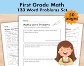 130 1st Grade Math Worksheet Printable, Word Problems, Addition Subtraction, Homeschool First Grade Math Workbook, 1st Grader Worksheet