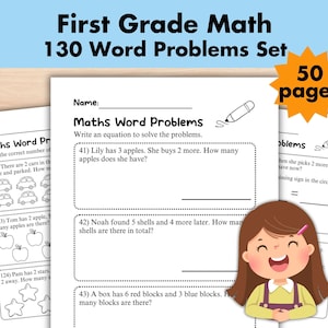 1st Grade Math Worksheet Printable, Word Problems, Addition Subtraction, Homeschool First Grade Math Workbook, 1st Grader Worksheet, Digital