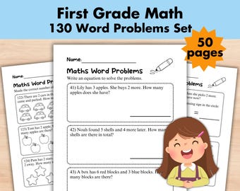 130 1st Grade Math Worksheet Printable, Word Problems, Addition Subtraction, Homeschool First Grade Math Workbook, 1st Grader Worksheet