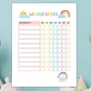 May include: A printable weekly chore chart with a rainbow and a sun. The chart has a column for each day of the week and a row for each chore. There is a space at the top for writing the chore and a space at the bottom for a sticker.
