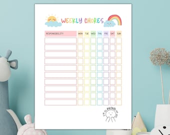 Tygodniowy harmonogram obowiązków domowych Rainbow Adventure – zabawna i angażująca wersja do druku, służąca do śledzenia obowiązków dzieci i planowania edukacji domowej