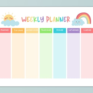Calendario settimanale per bambini arcobaleno stampabile, programma per bambini piccoli che studiano a casa, pianificatore settimanale digitale, download digitale istantaneo, organizzazione dei compiti