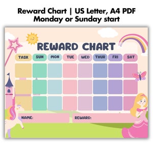 Tabella premi principessa, tabella routine unicorno stampabile per bambini piccoli, tabella adesivi faccende per bambini, tracker, addestramento al vasino, programma comportamento bambini