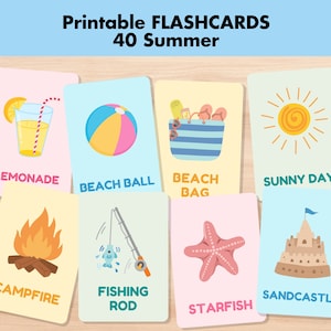 40 tarjetas didácticas de verano, tarjetas de vocabulario de verano sobre la naturaleza, tarjetas didácticas Montessori imprimibles, actividades preescolares sobre las estaciones, actividades de playa, picnic y acampada.