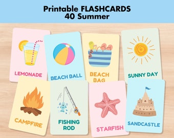 40 Summer Flashcards, Summer Vocabulary Nature Cards,Printable Montessori Flash Cards,Pre-School Seasons Activity,Learn Beach,Picnic,Camping